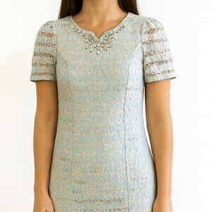 Blue lace embellished rhinestone dress